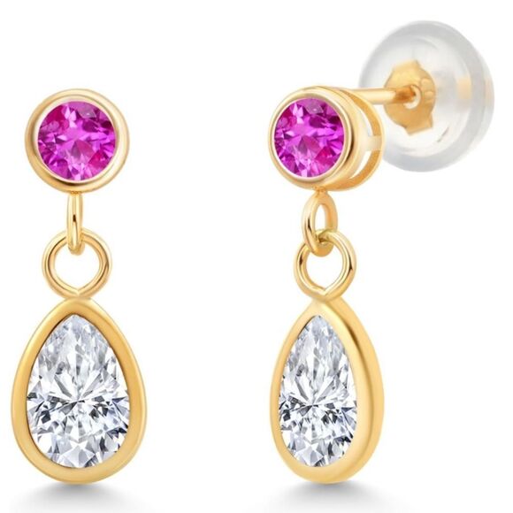 14K Yellow Gold with 1.07 Cttw White Moissanite and Pink Sapphire Post Earrings - Picture 2 of 4